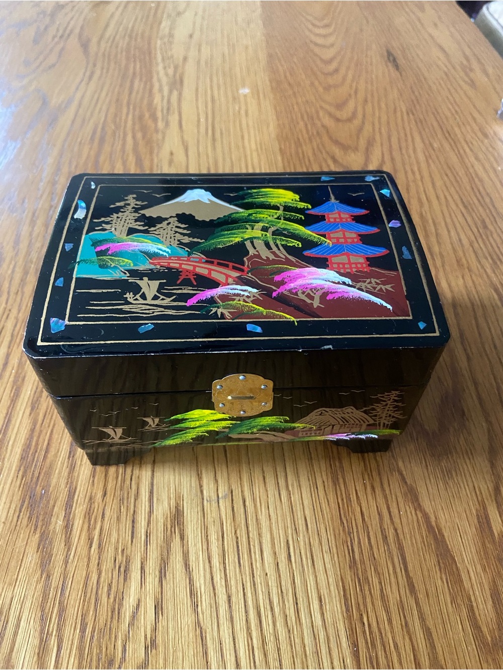 Vintage Hand-Painted, Japan, Black Lacquer Jewelry Box